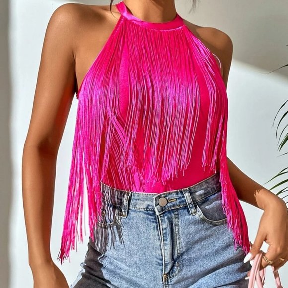 Fringe Halter Cami top Hot Pink - Picture 3 of 6